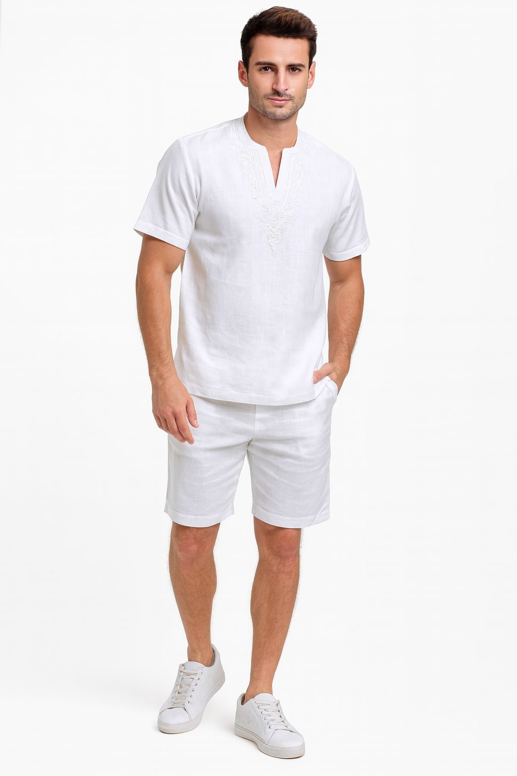 Men’s White Embroidered Short Set – Casual Summer Outfit with V-Neck Shirt and Matching Shorts 1   - from alligatorwarehouse.com