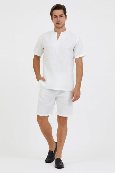 Men’s White Embroidered Short Set – Casual Summer Outfit with V-Neck Shirt and Matching Shorts 3   - from alligatorwarehouse.com