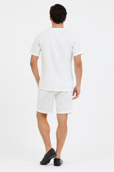 Men’s White Embroidered Short Set – Casual Summer Outfit with V-Neck Shirt and Matching Shorts 4   - from alligatorwarehouse.com