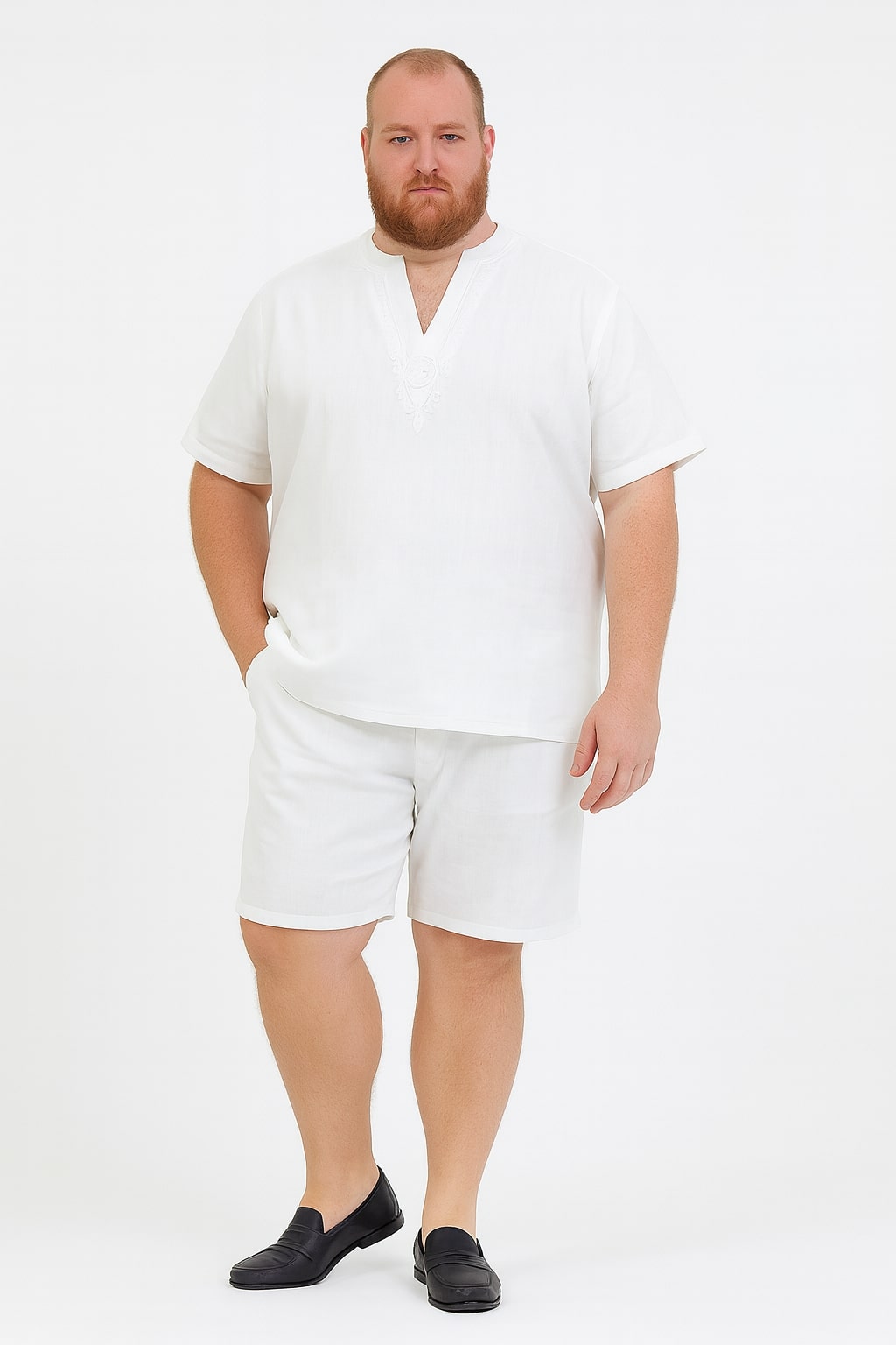 Men’s White Embroidered Short Set – Casual Summer Outfit with V-Neck Shirt and Matching Shorts 5   - from alligatorwarehouse.com