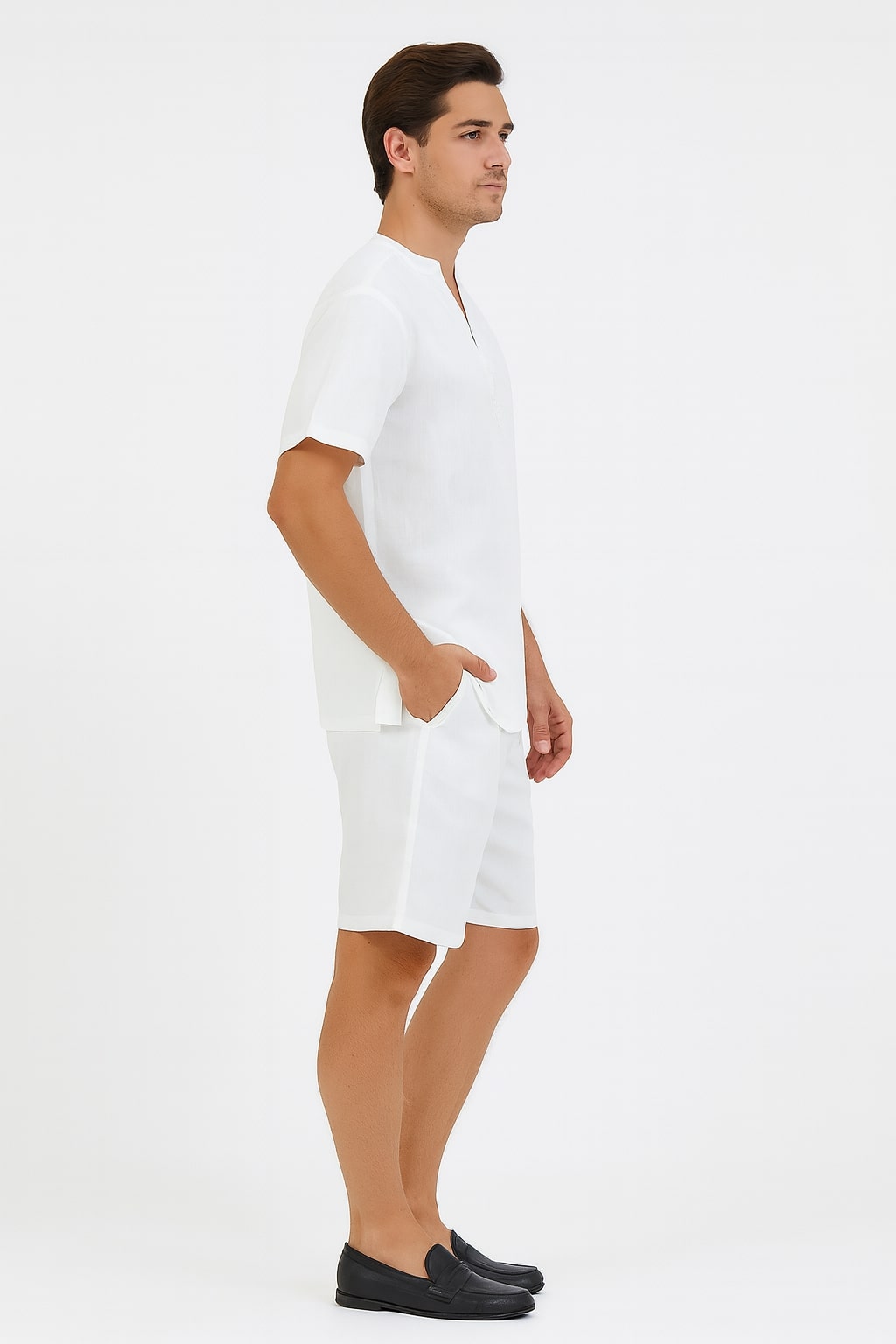 Men’s White Embroidered Short Set – Casual Summer Outfit with V-Neck Shirt and Matching Shorts 2   - from alligatorwarehouse.com