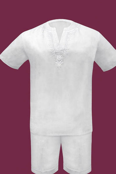 Men’s White Embroidered Short Set – Casual Summer Outfit with V-Neck Shirt and Matching Shorts 6   - from alligatorwarehouse.com