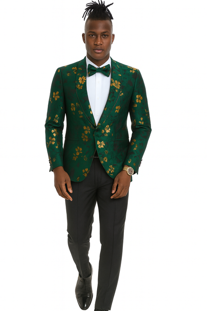 Men's slim fit hunter green and gold paisley prom and wedding tuxedo jacket