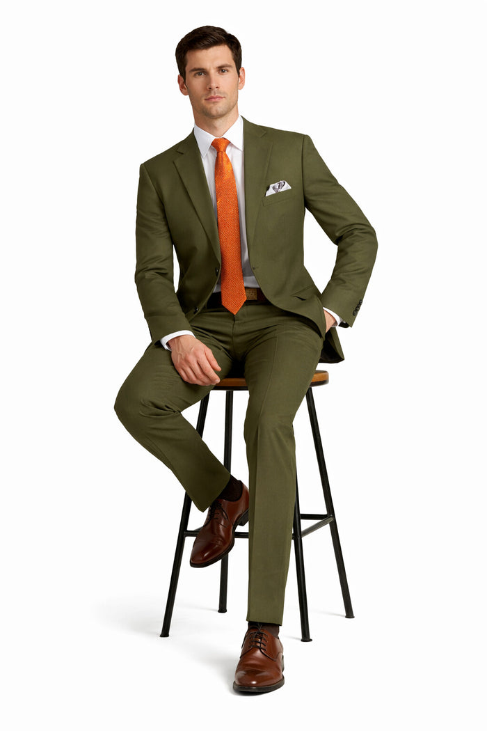 Mens Olive Regular Fit Single Breasted Two-Button Two-Piece Suit