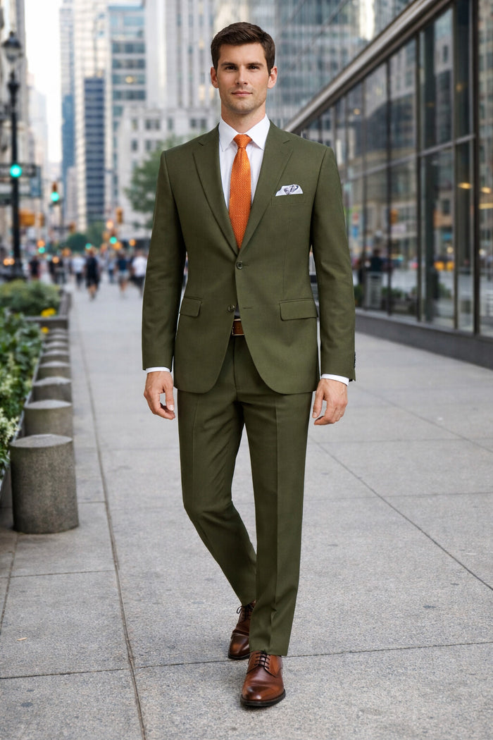 Mens Olive Regular Fit Single Breasted Two-Button Two-Piece Suit