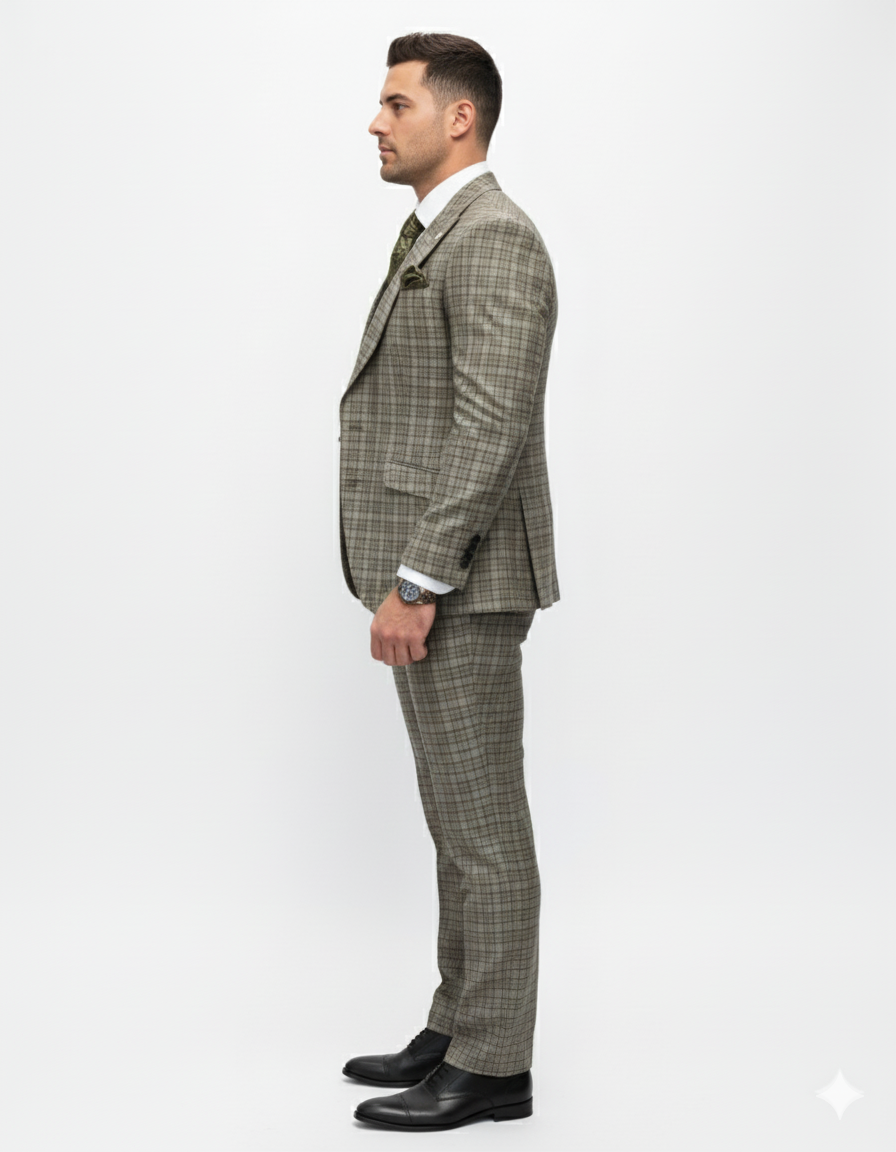 Statement Suits - Wool Suits - Peak Lapel Suits - Ticket Pocket - Modern Fit - Olive Suit