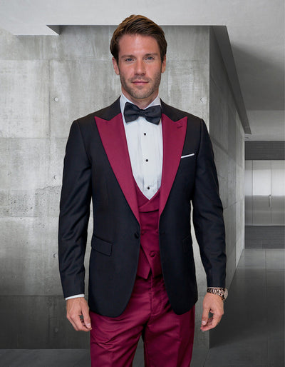Mens Wool Vested Wide Contrast Peak Burgundy Wedding Tuxedo 1 ARYA_BURGUNDY_40S  - from alligatorwarehouse.com