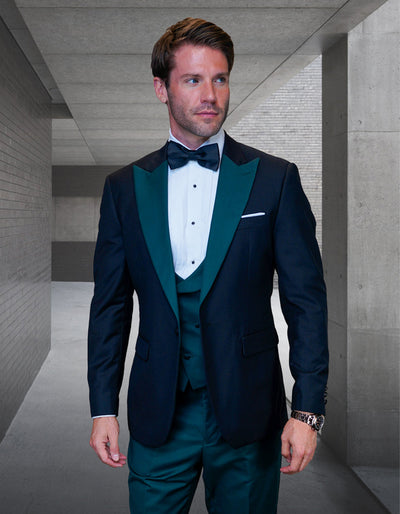Mens Wool Vested Wide Contrast Peak Wedding Black and Hunter Green Tuxedo 1 ARYA_HUNTER_42S  - from alligatorwarehouse.com
