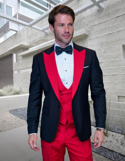 Mens Wool Vested Wide Contrast Peak Black and Red Wedding Tuxedo 1 ARYA_RED_44S  - from alligatorwarehouse.com