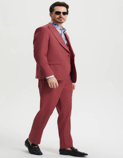 Men's One Button Peak Lapel Side Vent Flat Front Pant Suit in Coral Blush Pink 2   - from alligatorwarehouse.com