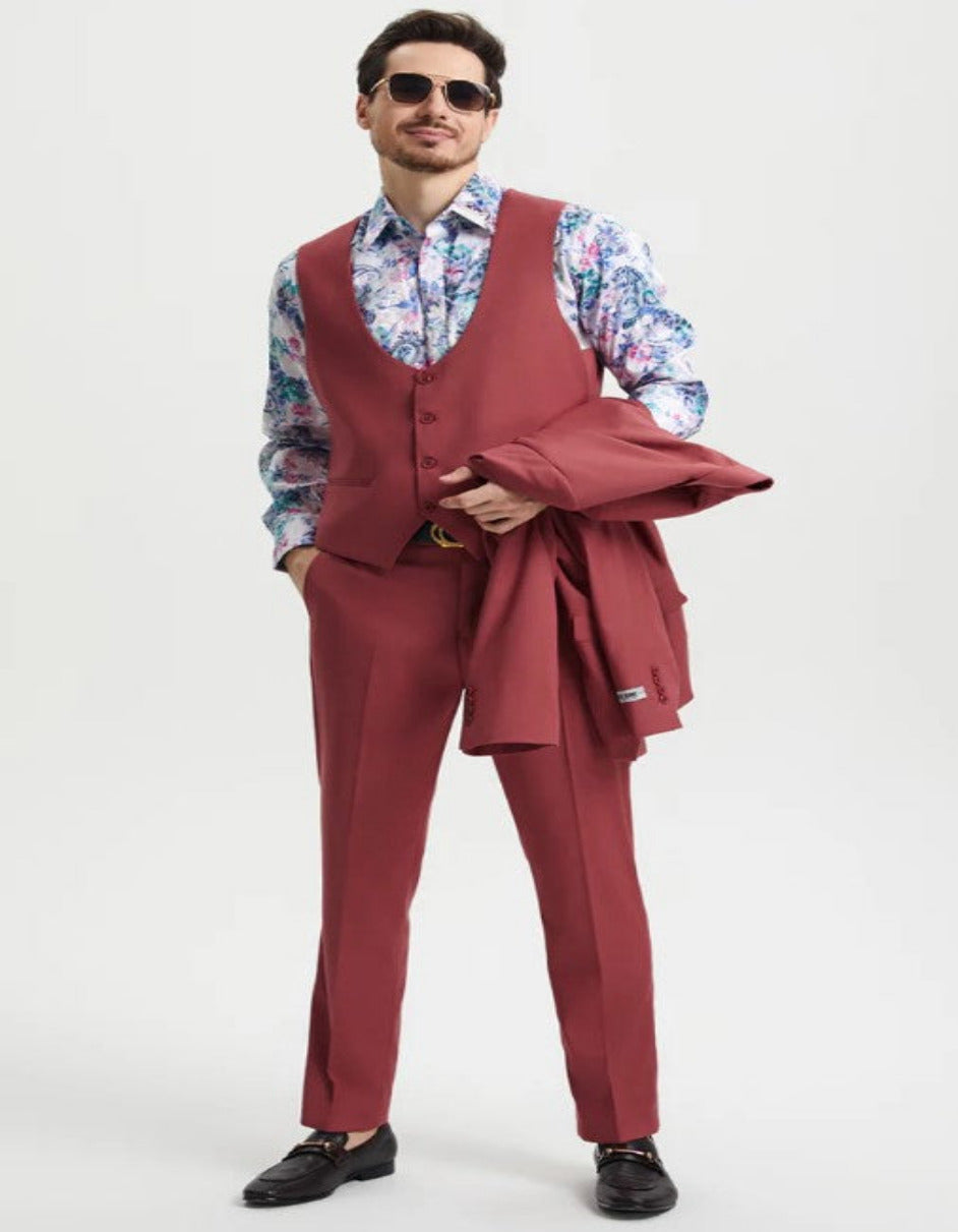 Men's One Button Peak Lapel Side Vent Flat Front Pant Suit in Coral Blush Pink 4   - from alligatorwarehouse.com