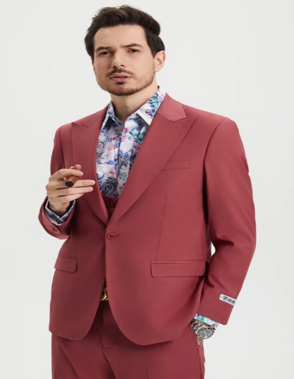 Men's One Button Peak Lapel Side Vent Flat Front Pant Suit in Coral Blush Pink 1   - from alligatorwarehouse.com