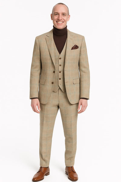 Mens Beige Plaid 3-Piece Suit – Classic Checkered Suit for Weddings, Church Vested Checkered Pattern 1   - from alligatorwarehouse.com
