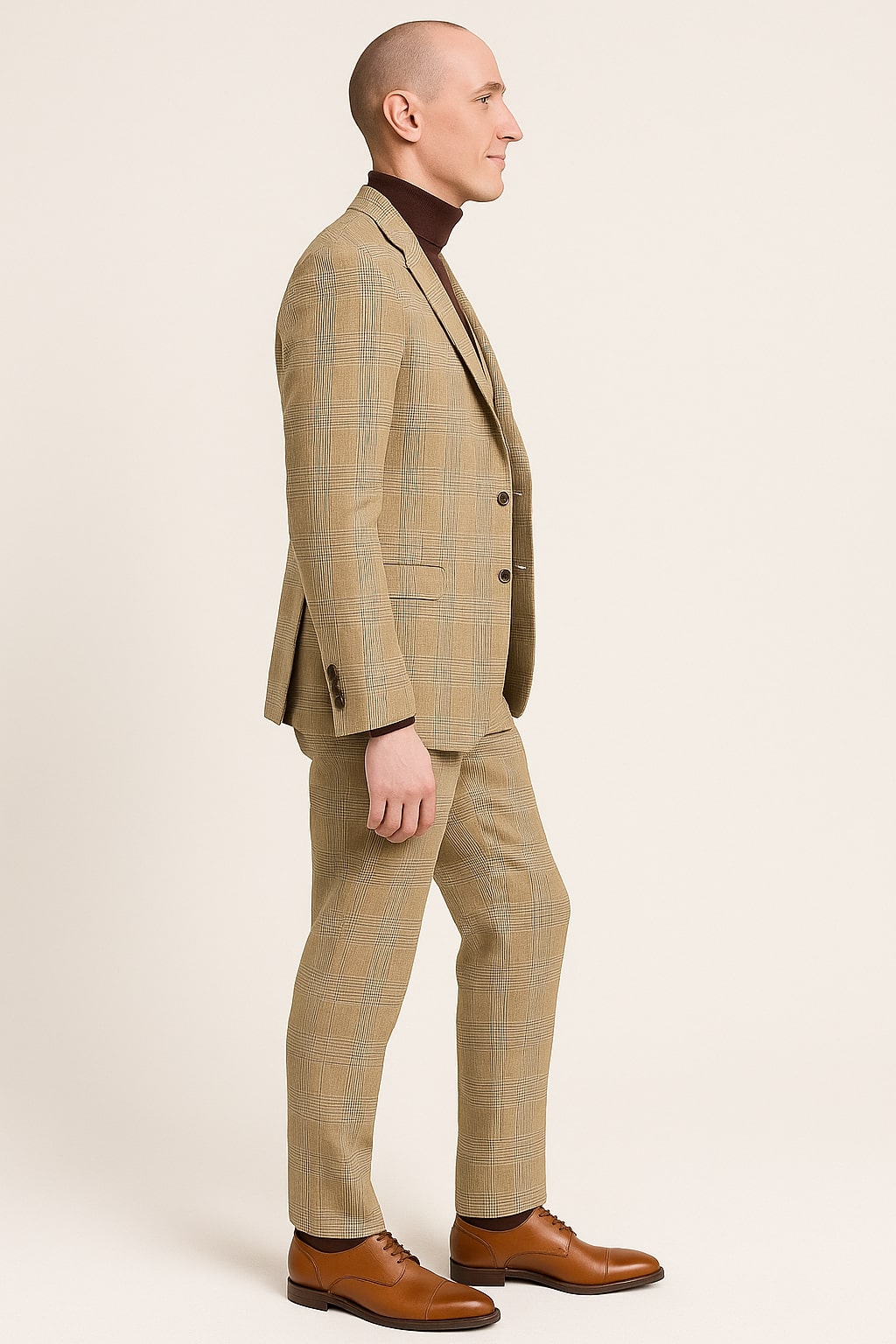 Mens Beige Plaid 3-Piece Suit – Classic Checkered Suit for Weddings, Church Vested Checkered Pattern