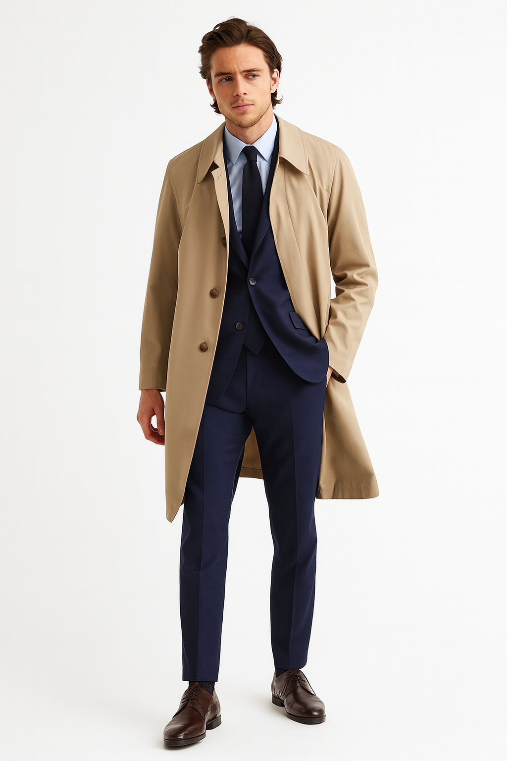Mens Beige Trench Coat – Classic Long Overcoat with Button Front - Raincoat in Khaki Color 1   - from alligatorwarehouse.com