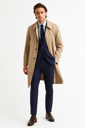 Mens Beige Trench Coat – Classic Long Overcoat with Button Front - Raincoat in Khaki Color