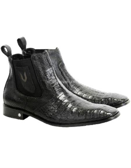 Men’s Black Vestigium Genuine Caiman Belly Chelsea Boots, Exotic Leather Dress Boots