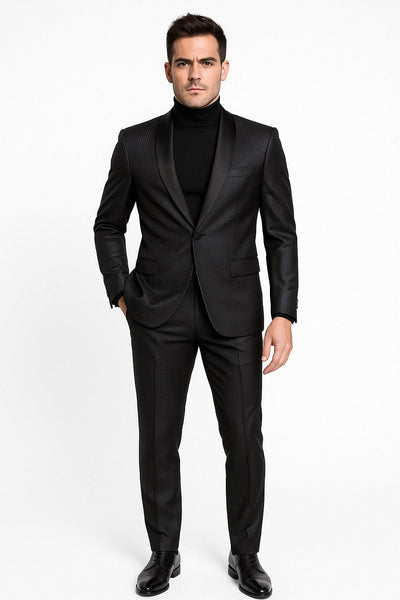 Mens Black Glitter Stripe Tuxedo with Satin Shawl Lapel – Slim Fit Formal Party Suit 1   - from alligatorwarehouse.com