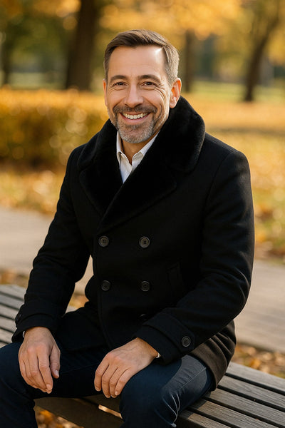 Mens Black Peacoat Wool Overcoat with Faux Fur Shawl Collar – Double-Breasted Winter Peacoat 3   - from alligatorwarehouse.com