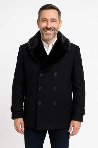 Mens Black Peacoat Wool Overcoat with Faux Fur Shawl Collar – Double-Breasted Winter Peacoat 1   - from alligatorwarehouse.com