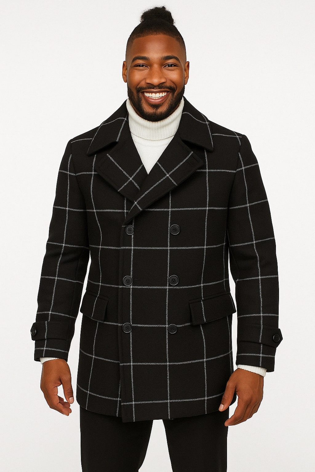 Mens Black Windowpane Check Wool Overcoat – Double-Breasted Winter Peacoat