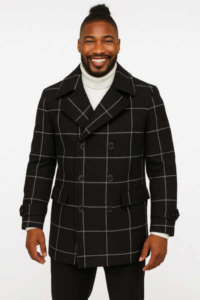 Mens Black Windowpane Check Wool Overcoat – Double-Breasted Winter Peacoat 1   - from alligatorwarehouse.com