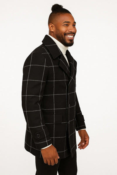 Mens Black Windowpane Check Wool Overcoat – Double-Breasted Winter Peacoat 2   - from alligatorwarehouse.com