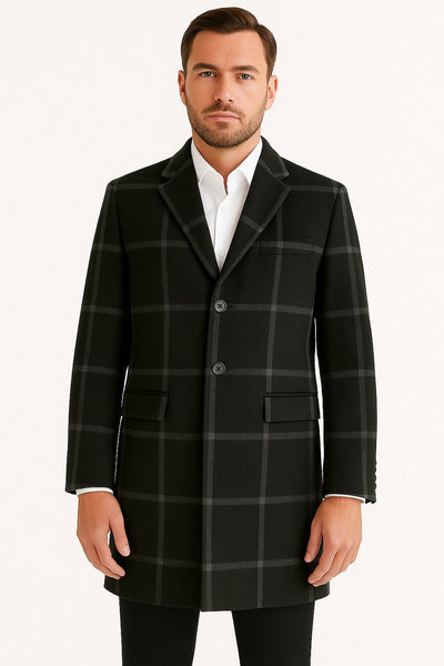 Mens Black Windowpane Wool Overcoat – Classic Long Checkered Coat Checkered Plaid Pattern 1   - from alligatorwarehouse.com