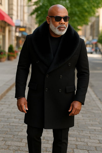 Mens Black Double-Breasted Overcoat with Oversized Faux Fur Collar – Winter Luxury Coat 4   - from alligatorwarehouse.com