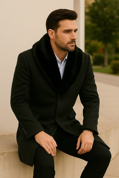 Mens Black Wool Overcoat with Black Faux Fur Collar – Luxury Winter Dress Coat 4   - from alligatorwarehouse.com