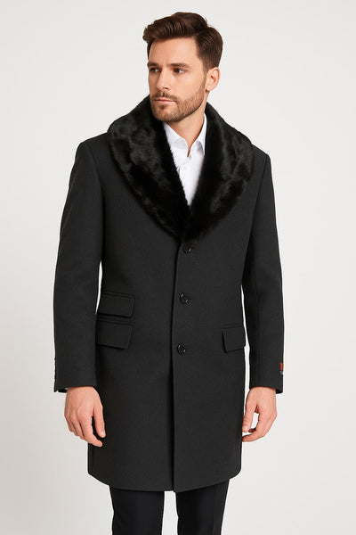 Mens Black Wool Overcoat with Black Faux Fur Collar – Luxury Winter Dress Coat 1   - from alligatorwarehouse.com