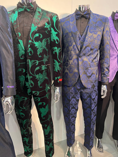 Mens Black and Emerald Green Velvet Floral Tuxedo Suit ƒ?? Slim Fit 2 Piece Formalwear for Weddings and Events Slim Fitted 3   - from alligatorwarehouse.com