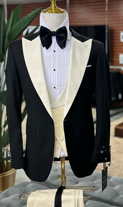 Mens Black and Ivory Tuxedo with Wide Shawl Lapel – 3 Piece Black and off White Lapel ! Vested Suit 2   - from alligatorwarehouse.com