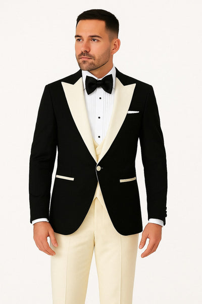 Mens Black and Ivory Tuxedo with Wide Shawl Lapel – 3 Piece Black and off White Lapel ! Vested Suit 1   - from alligatorwarehouse.com