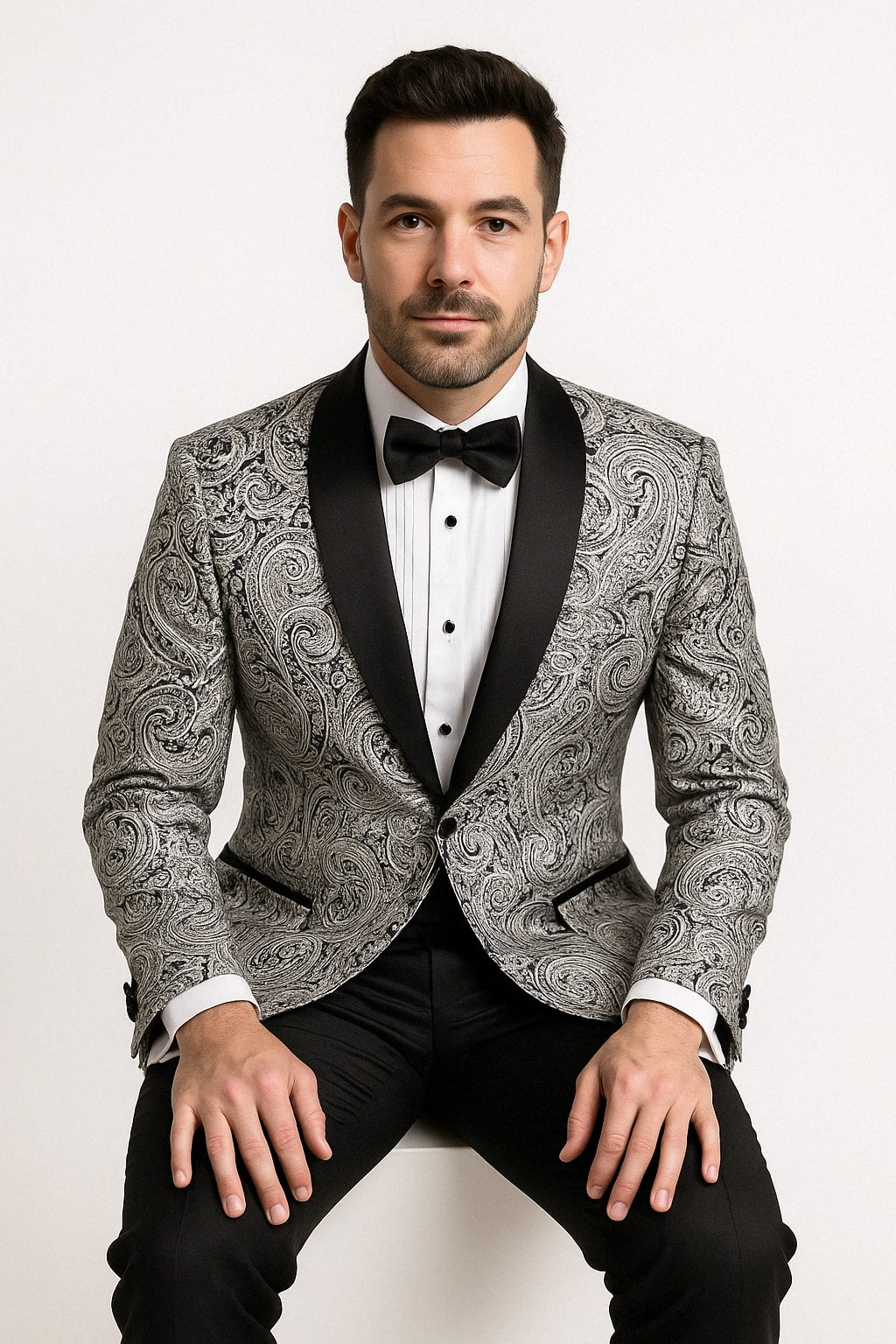 Mens Black and Silver Paisley Tuxedo with Satin Lapel and Bow Tie ƒ?? Formal Party Suit