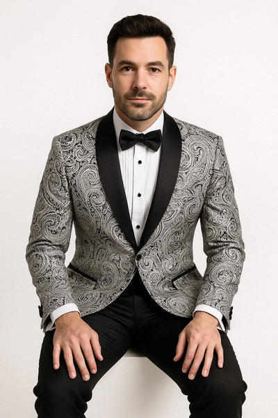 Mens Black and Silver Paisley Tuxedo with Satin Lapel and Bow Tie ƒ?? Formal Party Suit 1   - from alligatorwarehouse.com