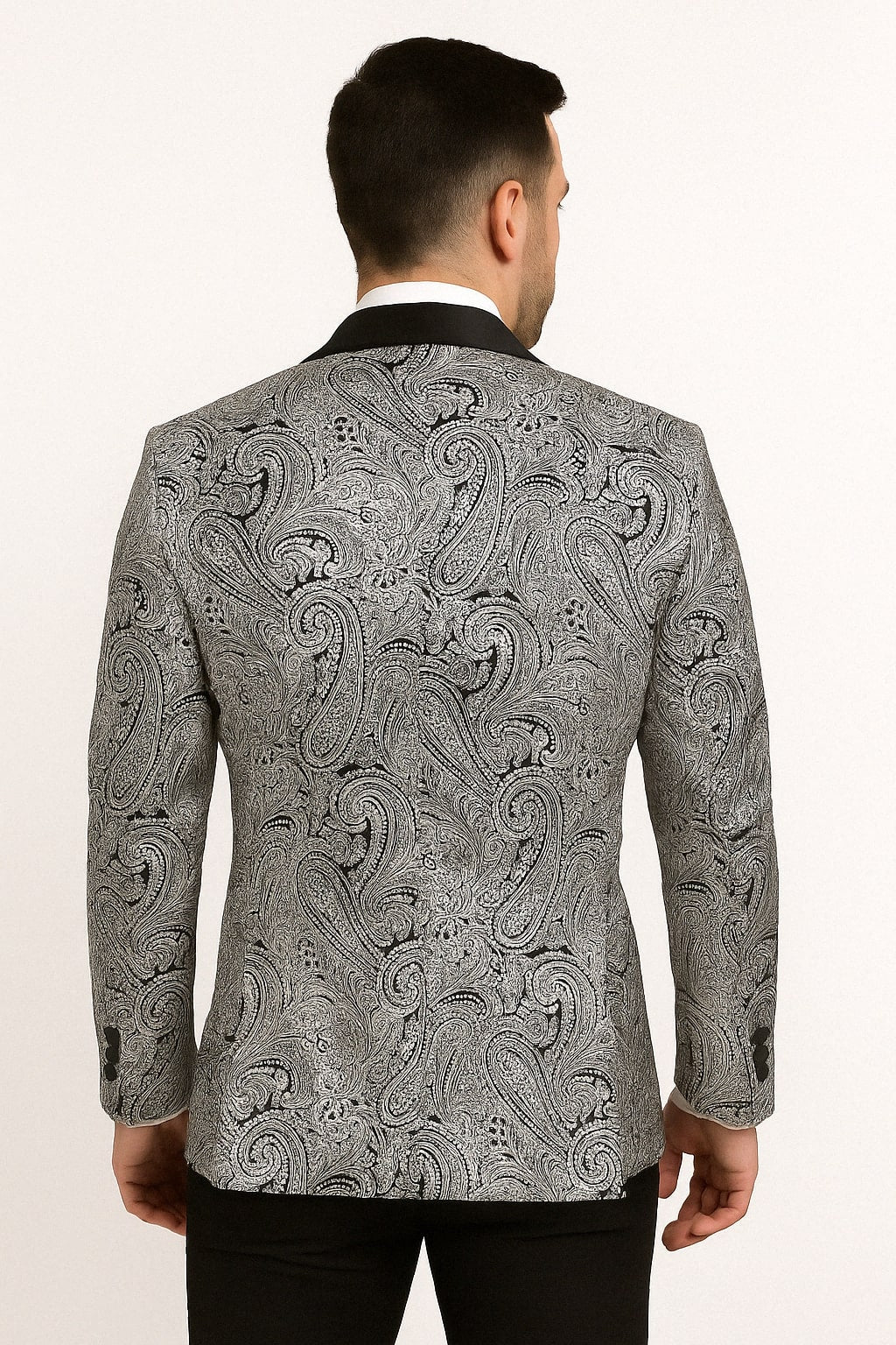 Mens Black and Silver Paisley Tuxedo with Satin Lapel and Bow Tie ƒ?? Formal Party Suit