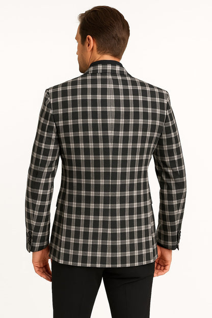 Mens Black and White Plaid Blazer – Modern Fit Checkered Windowpane Pattern Business Sport Coat