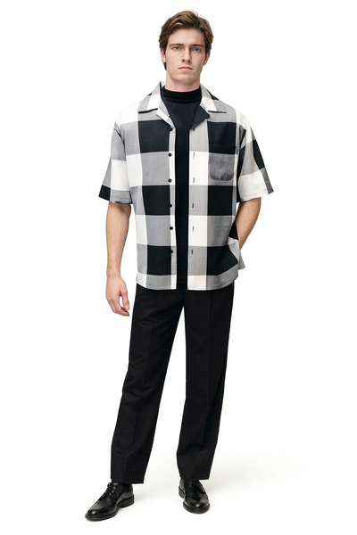 Mens Black and White Checkered Short Sleeve Shirt Set – Casual Two-Piece Summer Outfit 1   - from alligatorwarehouse.com