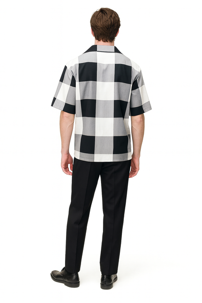 Mens Black and White Checkered Short Sleeve Shirt Set – Casual Two-Piece Summer Outfit