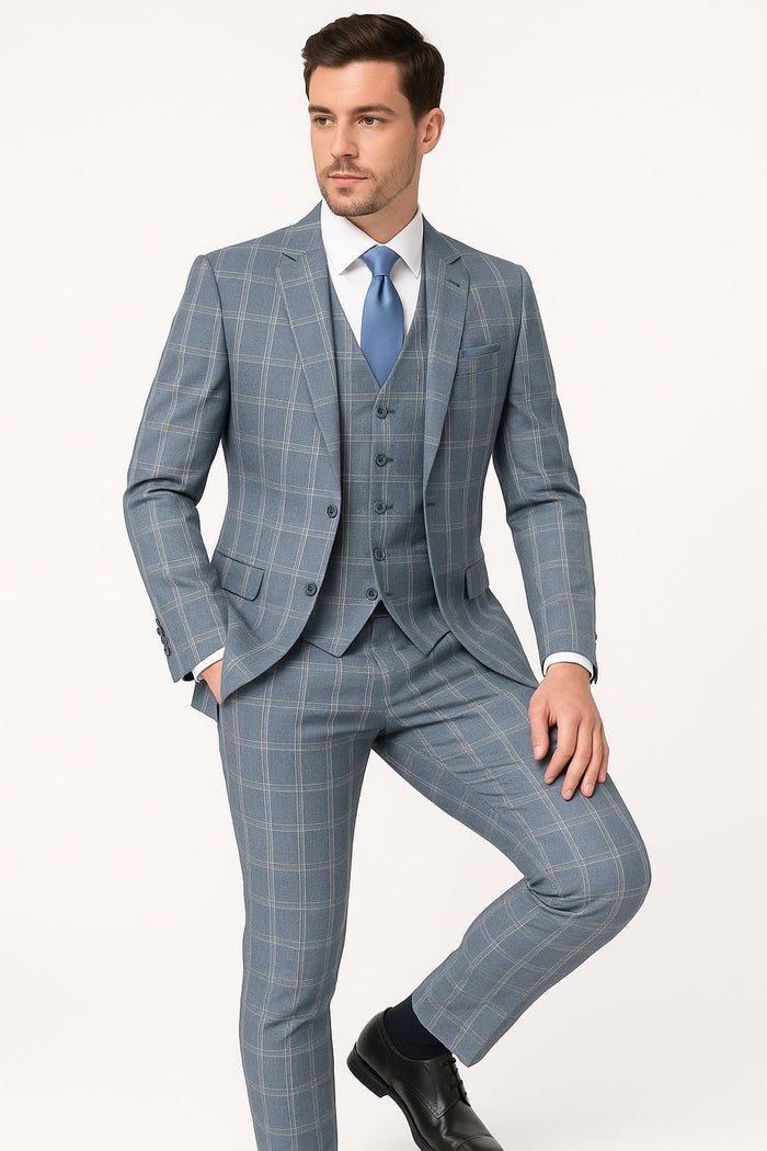 Mens Blue Windowpane Checkered Slim Fit Suit ƒ?? 3 Piece Stretch Business Suit