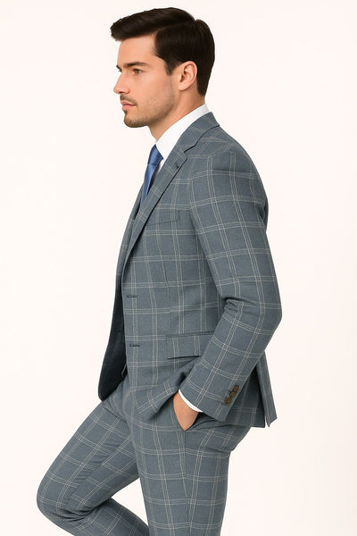 Mens Blue Windowpane Checkered Slim Fit Suit ƒ?? 3 Piece Stretch Business Suit 2   - from alligatorwarehouse.com