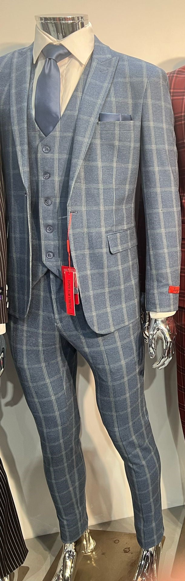 Mens Blue Windowpane Checkered Slim Fit Suit ƒ?? 3 Piece Stretch Business Suit