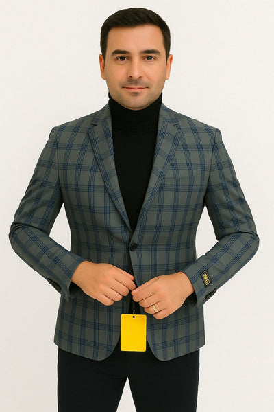 Mens Blue and Grey Windowpane Plaid Blazer –  Casual Sport Coat 1   - from alligatorwarehouse.com