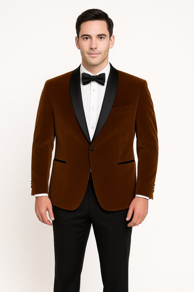 Mens Brown Velvet Tuxedo with Black Satin Shawl Lapel – One Button Formal Suit Jacket 1   - from alligatorwarehouse.com