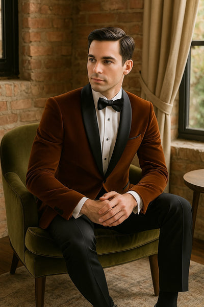 Mens Brown Velvet Tuxedo with Black Satin Shawl Lapel – One Button Formal Suit Jacket 2   - from alligatorwarehouse.com
