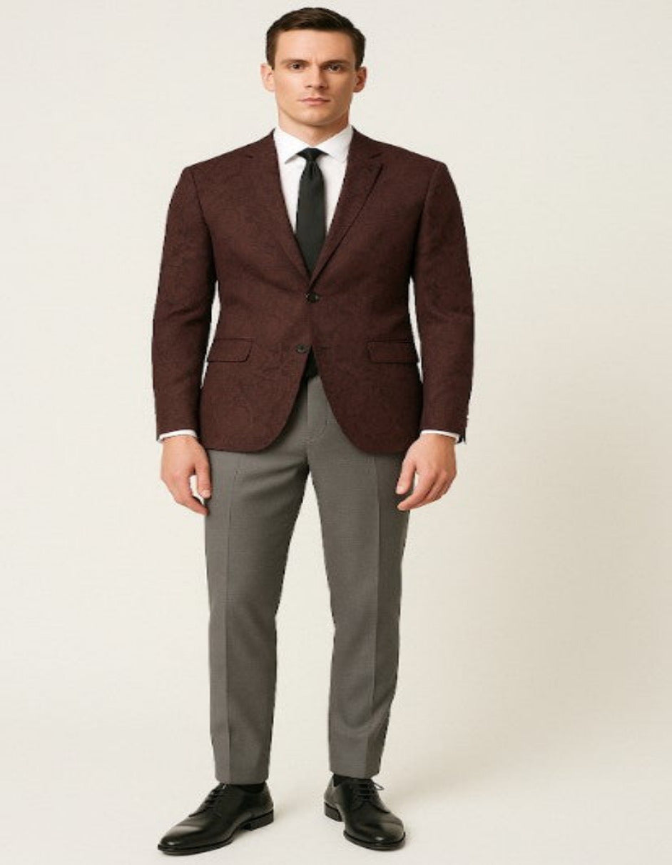 Mens Burgundy Paisley Tuxedo Blazer – Slim Fit Formal Dinner Jacket - Velvet Fabric - Slim Fitted