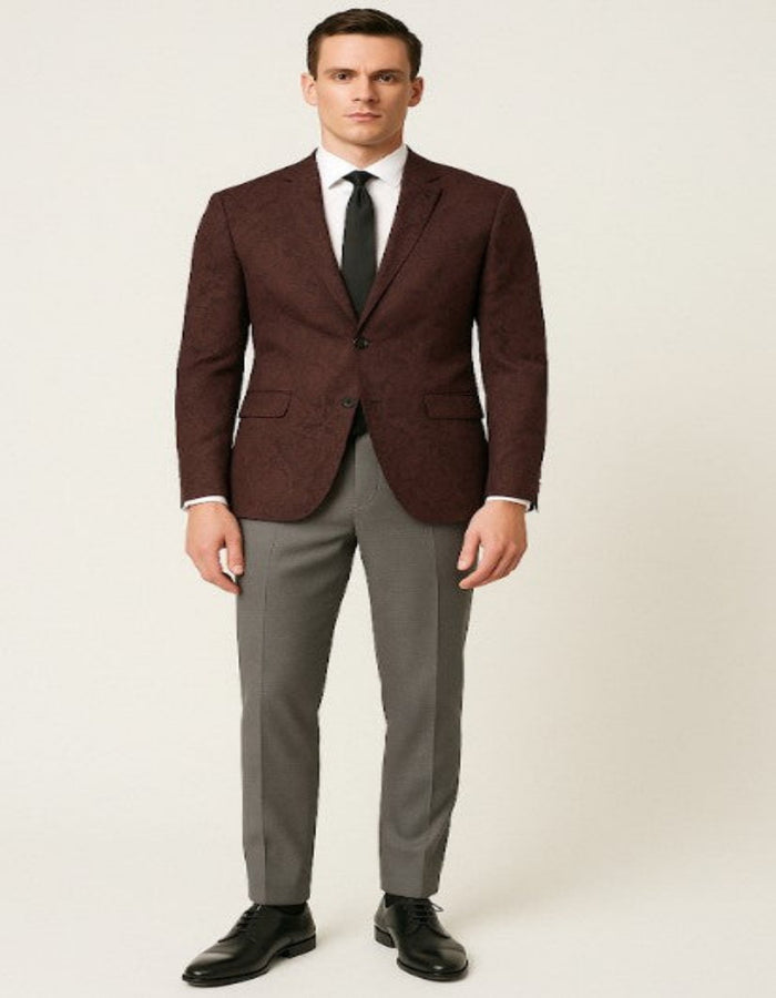 Mens Burgundy Paisley Tuxedo Blazer – Slim Fit Formal Dinner Jacket - Velvet Fabric - Slim Fitted