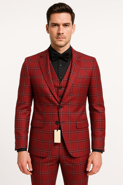 Mens Burgundy Plaid Three-Piece Suit – Ultra Slim Fit Checkered Windowpane Redish 544-10 1   - from alligatorwarehouse.com