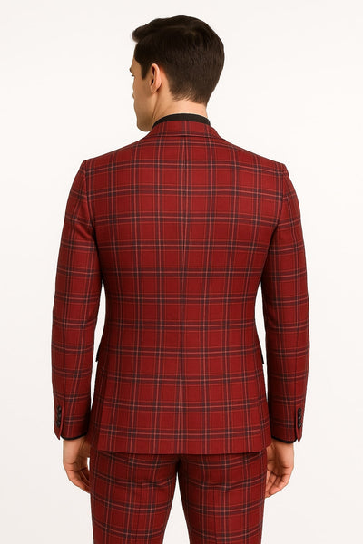 Mens Burgundy Plaid Three-Piece Suit – Ultra Slim Fit Checkered Windowpane Redish 544-10 2   - from alligatorwarehouse.com